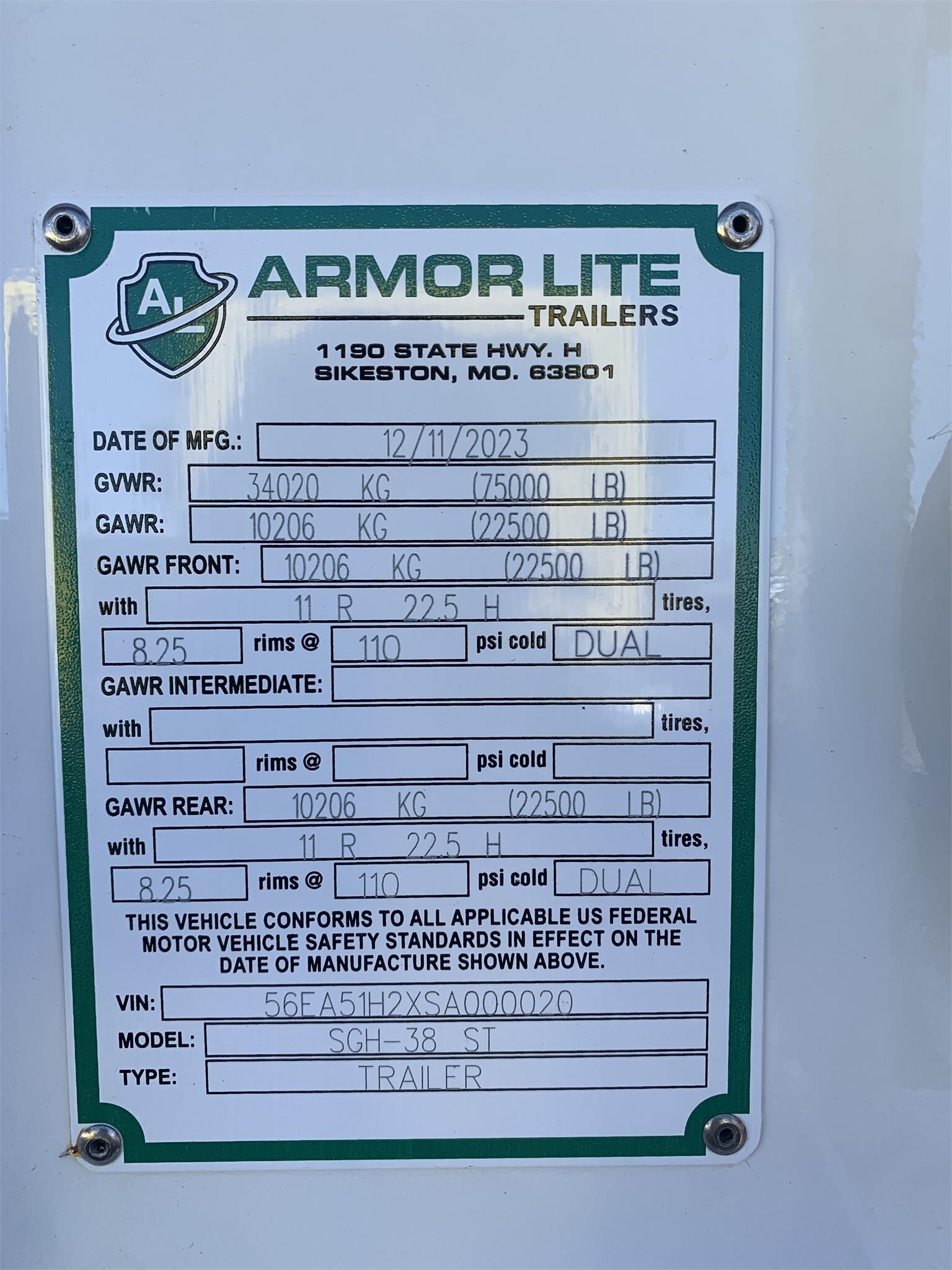 2025 Armor Lite SGH-38 ST Grain Trailer