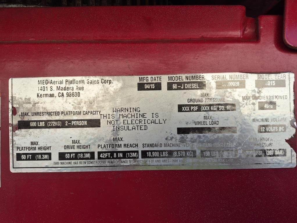 2015 MEC 60J Scissor/Boom Lift