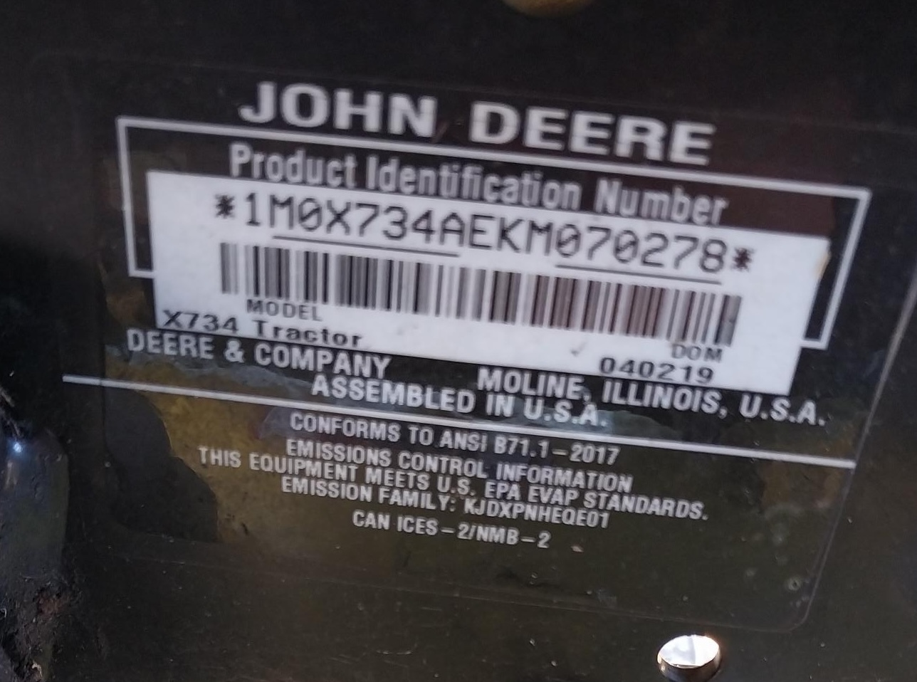 2019 John Deere X734 Lawn Mower