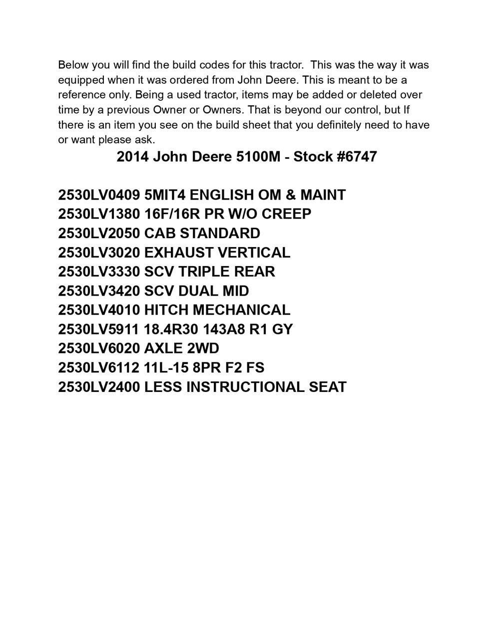 2014 John Deere 5100M Tractor