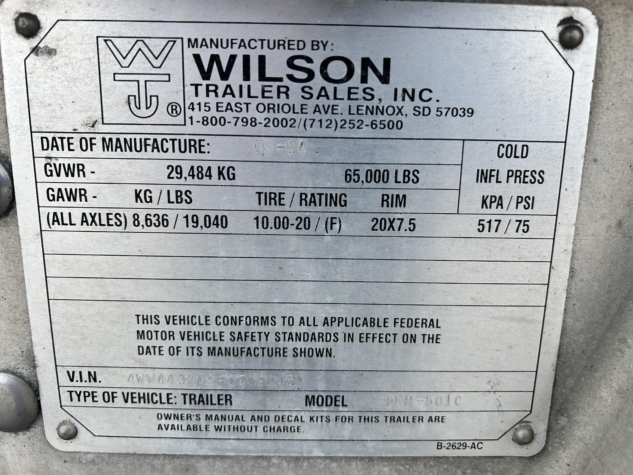 2015 Wilson DWH-501C Grain Trailer