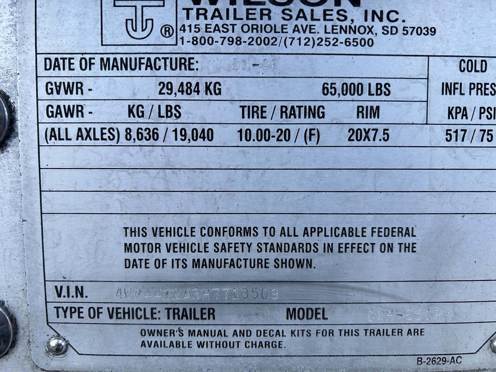 2017 Wilson DWH-651PM Grain Trailer