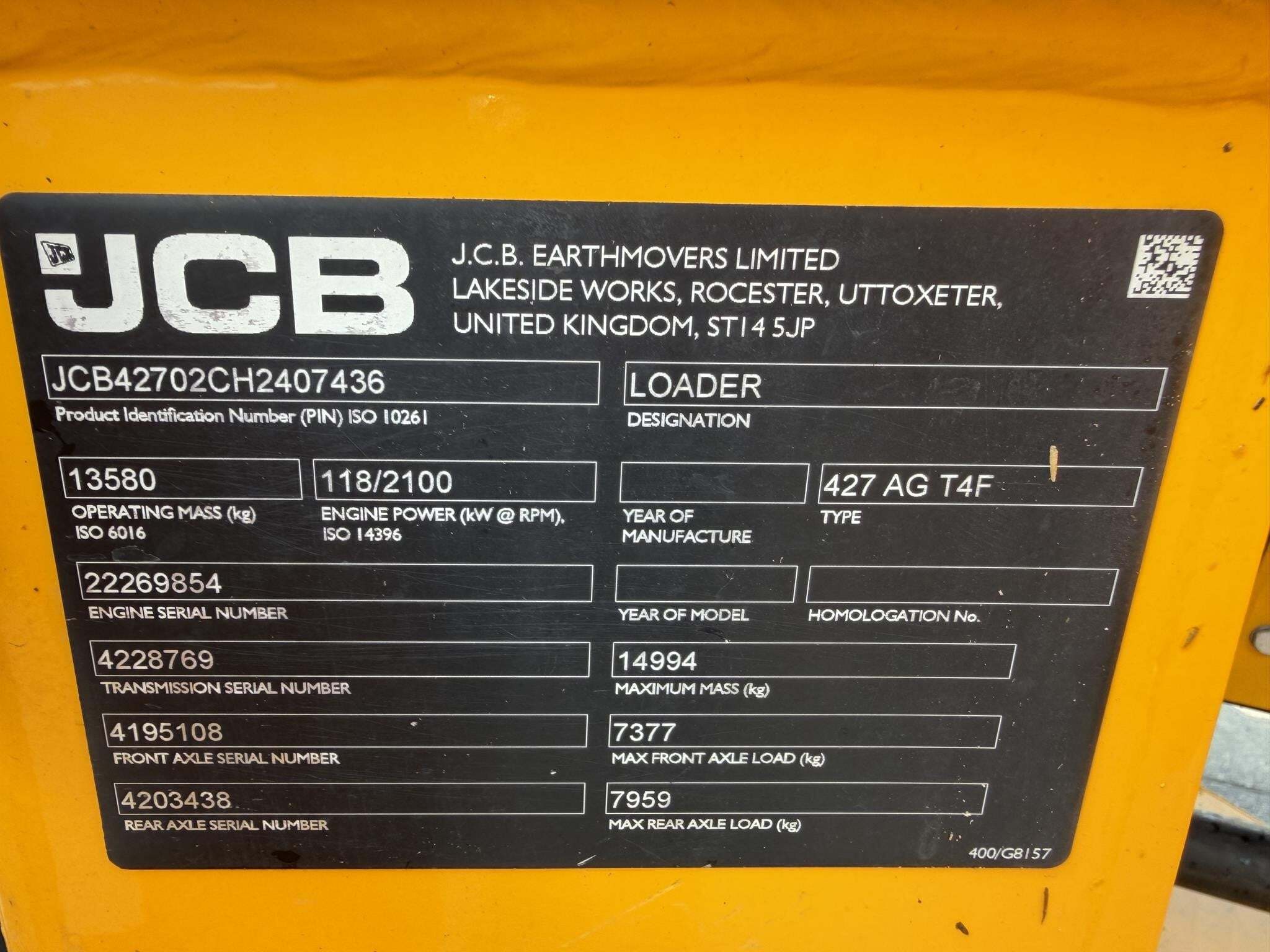 2018 JCB 427 AGRI Wheel Loader